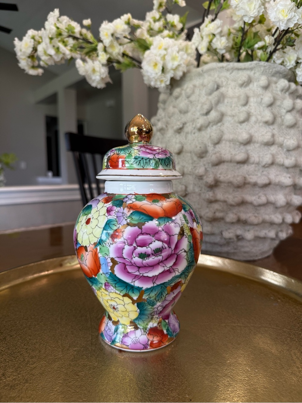 Floral Porcelain Ginger Jar with Gold Accent - Multi-Color